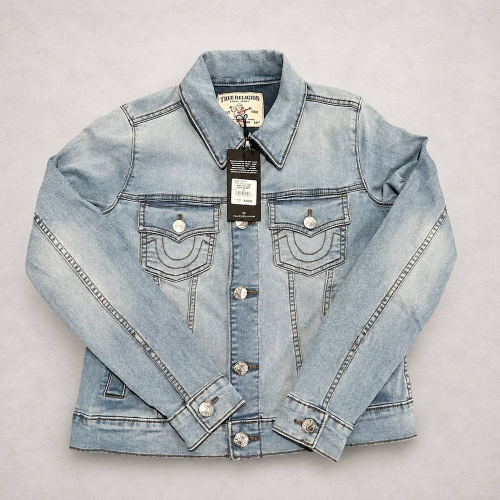 NWT True Religion Jesse SN Slim Denim Jacket Women M Light Rainy Wash Trucker